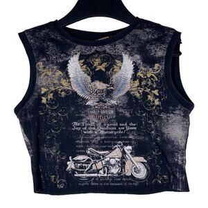 Harley Davidson Cropped Sleeveless Tank Top Wings Rhinestone Graphic M